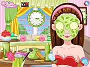 Flower fairy with a painted face design choosing a dress and accessories for her party, free online game