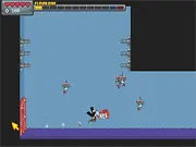 Screenshot of the Newton's Law action game showing the mall cop hero fighting floating robots in a zero-gravity environment.
