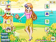 Flower Cutie Dressup game showing an anime girl character with big eyes and a cute hairstyle, wearing a floral dress with many clothing options around her