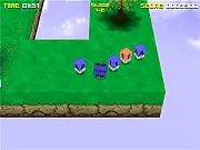 3D view of the word game Alphabots Online, showing letters floating in a colorful virtual world ready to be touched to make a word