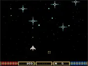 Gameplay screenshot of Amber Helix, a top-down space shooter, showing the player's starship firing lasers at multiple alien enemies.