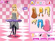 Screenshot from K-On Dress Up, a free anime fashion game, showing the band members being styled in new concert outfits before a big show