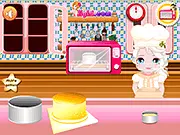 Screenshot of Baby Elsa mixing ingredients to make a surprise birthday cake for Anna in the free cooking game