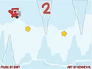 Screenshot of the Click to Fly! online game showing a character flying through a narrow gap between obstacles while collecting stars.