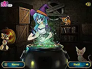 The cute little witch character standing by her cauldron, surrounded by cluttered shelves and a dark room, ready to find love potion ingredients in the game It's a Witch Thing