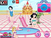 Gameplay screenshot of Princess Swimming Pool Decor showing a large, elaborate pool area being customized with string lights, fancy lounge chairs, and inflatable decorations.