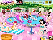 Screenshot of the Princess Pool Party Cleaning game showing a messy royal swimming pool area with Merida and her cousins needing to tidy up before the party.