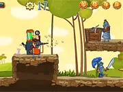 Steam King character holding a large Steampunk Gun, fighting a monster in a fantasy castle level