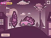 Journey to the Violet game screen showing a purple car driving on a road in an all-violet colored town with purple trees and buildings