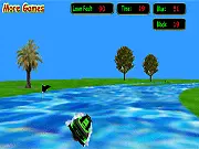 A 3D jet ski racer speeding down a river course, avoiding black flags and collecting red and blue flags in the free online racing game.