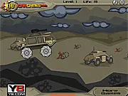 Trucks at War game screenshot, a heavy military truck driving over war debris and skulls in a destroyed landscape, free online driving game