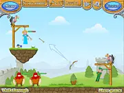 The main screen of the Gibbets 4 bow and arrow game showing a hanging person and the player's bow ready to shoot the rope