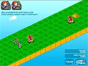 Screenshot of Run Fausto Run showing multiple characters running and jumping over gaps in an action platformer game
