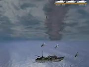 Fishnado free online game screenshot showing a boat navigating rough seas with fish falling from the sky in a tornado shape