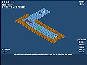 Screenshot of Contour free online puzzle game, showing a small white ball aiming toward a blue teleport entrance on a sleek, geometric playing field.