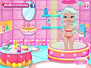Screenshot from Baby Elsa Bathing and Dress Up free online game, showing the infant character of Elsa sitting happily in a bathtub with bubbles and bath toys.