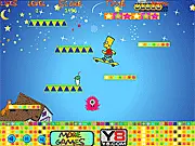 Bart Simpson Against the Monsters game, Bart on a skateboard throwing smiling bombs at a monster, free online platformer game