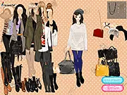 Screenshot of New Year Shopping Spree game, showing a beautifully dressed model wearing a cashmere sweater and elegant winter coat
