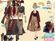Screenshot of 50s and 60s Fashion Designer game showing a model dressed in a 1960s mod-style outfit with bright colors and a beehive hairstyle.
