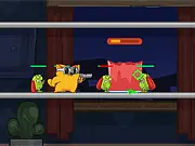 Action shooter game Die For A Lie screenshot, showing Mr. Katt defending a house from undead enemies with turrets and guns