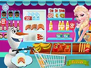 Elsa Grocery Store free online game screenshot showing Queen Elsa and Anna standing behind a counter with shelves of fresh fruit and groceries