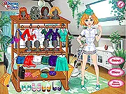 Alexa's Job Hunt game screenshot, a young woman looking at a newspaper's job section, giving her a professional career makeover, free online dress-up game