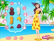 Beautiful Coastal Girl dress up game featuring a young girl on a beach with the sea and sun, trying on fashionable summer clothing and accessories