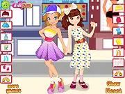Twin Cuties free online dress up game featuring two twin sisters, one in a pink dress and one in a blue dress, trying out new styles and shopping