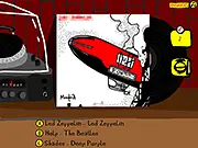 Screenshot of Album Cover Parodies showing a humorous, edited version of a classic rock album cover with a prompt to guess the band's name.