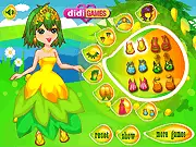 A girl dressed in colorful, tropical, fruit-themed clothes and accessories from the Mango Queen free online dress up game on PlayArcadeHub.