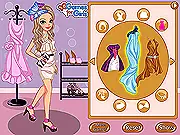 Fashion editor Alice styled in a chic outfit, holding a notepad, with a backdrop of a runway from the Australia Fashion Week 2013 dress-up game.