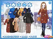Screenshot of the Spring Cloak free online dress up game showing Karina modeling a stylish, warm cloak and winter outfit