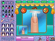 Screenshot of Celebrity Manicure Salon online game showing hands decorated with colorful nail polish, stickers, and stylish accessories