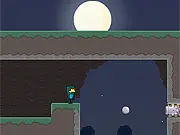 Screenshot of the Pajama Boy 2 online game showing the character jumping over an obstacle in a dark forest setting