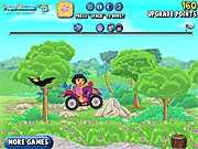 Dora the Explorer riding a pink ATV in a race against her friends, avoiding barrels and birds on the track.