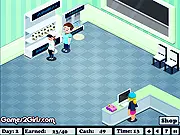 Liza's Sports Shoppe game screenshot - Liza, the manager, quickly serving multiple customers waiting for sports equipment in a busy store.