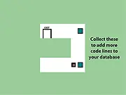 Code Box game screenshot showing a puzzle interface with drag-and-drop command blocks like 'Move' and 'Turn' used to create a path for a small cube