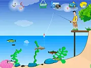 Animated image of a fishing rod casting a line into a lake with a fish on the hook in the online simulator game Fish Hour
