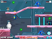 Screenshot of Big Hero 6 Rescue Hostages showing Hiro and Baymax navigating a factory level with lasers and enemy robots.