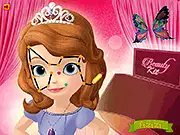 Princess Sofia smiling with a colorful, temporary face paint design applied in the Sofia Face Painting online game