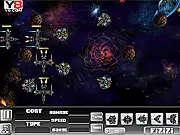 Several futuristic defense towers shooting lasers at a horde of invading alien spaceships in the online strategy game Galaxy Defense