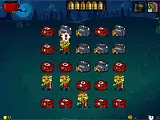 Screenshot of the Zombines game showing a first-person perspective, aiming a gun at several columns of cartoon-style zombies of different colors (red, blue, and green) advancing toward the player.