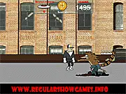 Rigby, the raccoon character from Regular Show, attacking a gangster in the street in the online platformer game Regular Show Rome Adventure