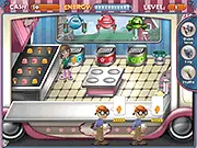 Screenshot from Ice Cream Craze showing a counter with different ice cream flavors and a customer waiting to place an order in the time management game.