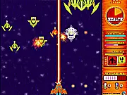 A heavily customized blue spaceship shooting lasers at alien enemies in a side-scrolling space battle in the online RPG game Broken Wings