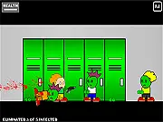 Pico Will It Slice game screenshot, Pico character shooting and slicing enemies in a school hallway, Free Online Shooter Game