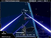 3D screenshot of the Space Flash Arena 2 game showing a spaceship engaged in combat with an enemy fighter