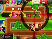 Box Dude TD 5 game screenshot - a space-themed tower defense level with square alien enemies moving along a path and 8 different types of turrets placed to stop them.