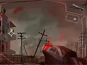 Gameplay screenshot from Heavy Shooter showing a heavily armed character shooting at a group of enemy terrorists in an urban environment.