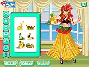 Screenshot of the Hula Girl Dress Up game showing a girl in traditional Hawaiian Hula attire with leis, flowers, and a tropical background.